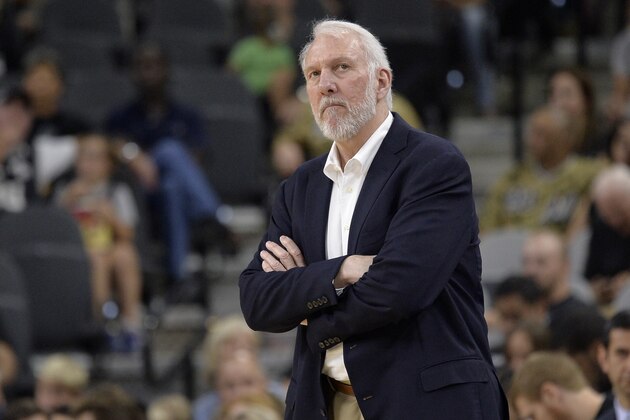 San Antonio Spurs head coach Gregg Popovich watches play during the first half of a preseason NBA basketball game against the Detroit Pistons, Sunday, Oct. 18, 2015, in San Antonio. San Antonio won 96-92. (AP Photo/Darren Abate)