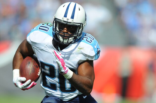 Oct 11, 2015; Nashville, TN, USA; Tennessee Titans running back Bishop Sankey (20) runs for a short gain during the first half against the Buffalo Bills at Nissan Stadium. Mandatory Credit: Christopher Hanewinckel-USA TODAY Sports