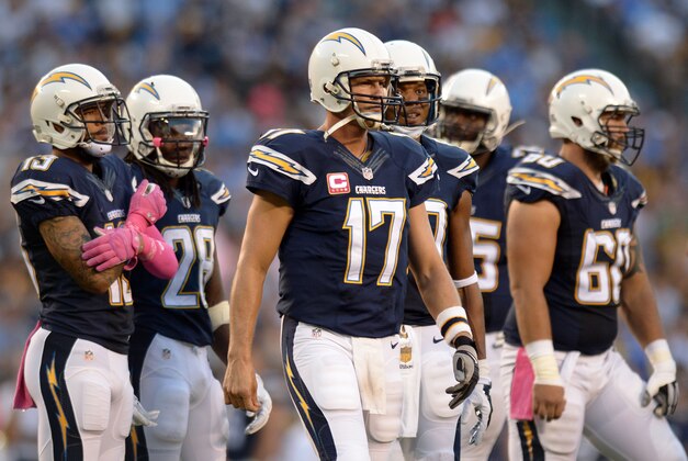 Oct 12, 2015; San Diego, CA, USA; San Diego Chargers quarterback Philip Rivers (17) breaks the huddle during the first quarter against the Pittsburgh Steelers at Qualcomm Stadium. Mandatory Credit: Jake Roth-USA TODAY Sports
