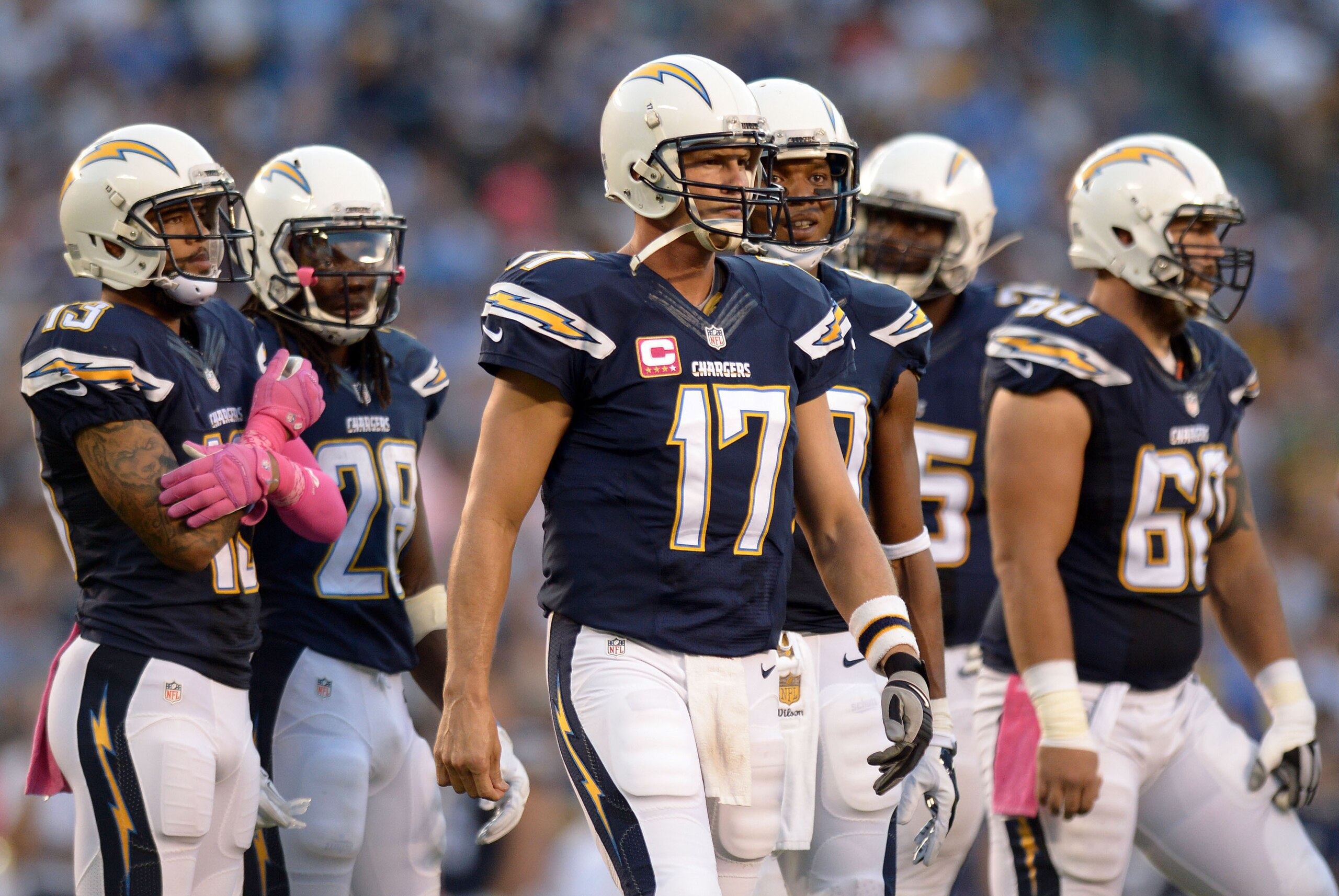 Oct 12, 2015; San Diego, CA, USA; San Diego Chargers quarterback Philip Rivers (17) breaks the huddle during the first quarter against the Pittsburgh Steelers at Qualcomm Stadium. Mandatory Credit: Jake Roth-USA TODAY Sports