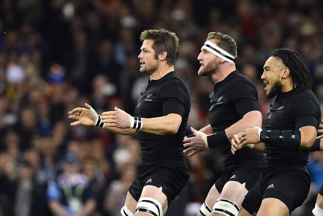 (From L) New Zealand's flanker and captain Richie McCaw, New Zealand's number 8 Kieran Read and New Zealand's centre Ma'a Nonu perform the haka before a quarter final match of the 2015 Rugby World Cup between New Zealand and France at the Millennium Stadium in Cardiff, south Wales, on October 17, 2015.  AFP PHOTO / GABRIEL BOUYS

RESTRICTED TO EDITORIAL USE, NO USE IN LIVE MATCH TRACKING SERVICES, TO BE USED AS NON-SEQUENTIAL STILLS        (Photo credit should read GABRIEL BOUYS/AFP/Getty Images)