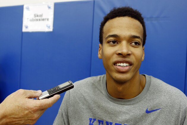 Kentucky's Skal Labissiere speaks during the teams Media Day on campus Wednesday, Oct. 14, 2015, in Lexington, Ky. (AP Photo/James Crisp)