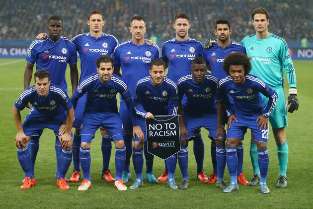 KIEV, UKRAINE - OCTOBER 20:  The Chelsea team pose prior to the UEFA Champions League Group G match between FC Dynamo Kyiv and Chelsea at the Olympic Stadium on October 20, 2015 in Kiev, Ukraine.  (Photo by Clive Rose/Getty Images)