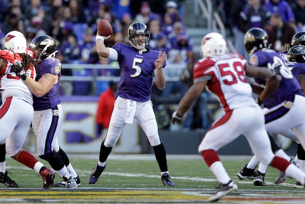 BALTIMORE, MD - OCTOBER 30:  Joe Flacco #5 of the Baltimore Ravens throws a second half pass against the Arizona Cardinals at M&T Bank Stadium on October 30, 2011 in Baltimore, Maryland.  (Photo by Rob Carr/Getty Images)