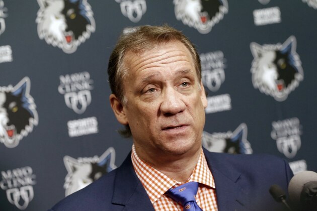 FILE - In this June 25, 2015, file photo, Minnesota Timberwolves president and coach Flip Saunders addresses members of the media during an NBA basketball news conference in Minneapolis. Sam Mitchell will replace Saunders as coach of the Timberwolves in the interim while Saunders continues treatment for cancer, a person with knowledge of the situation told The Associated Press on Thursday, Sept. 10, 2015. (AP Photo/Jim Mone, File)