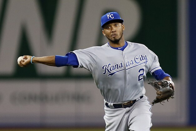 Oct 21, 2015; Toronto, Ontario, CAN; Kansas City Royals shortstop Alcides Escobar (2) throws to first base for an out during the fourth inning against the Toronto Blue Jays in game five of the ALCS at Rogers Centre. Mandatory Credit: John E. Sokolowski-USA TODAY Sports