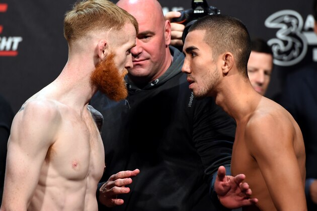 DUBLIN, IRELAND - OCTOBER 23:  (L-R) Opponents Paddy Holohan of Ireland and Louis Smolka of the United States face off during the UFC weigh-in at 3Arena on October 23, 2015 in Dublin, Ireland. (Photo by Josh Hedges/Zuffa LLC/Zuffa LLC via Getty Images)