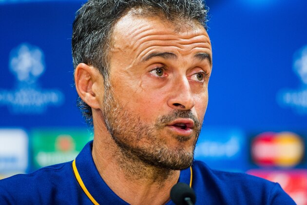 BARCELONA, SPAIN - SEPTEMBER 28:  Head coach Luis Enrique of FC Barcelona looks on during a press conference ahead of a UEFA Champions League Group E match against Bayern 04 Leverkusen at Ciutat Esportiva on September 28, 2015 in Barcelona, Spain.  (Photo by David Ramos/Getty Images)