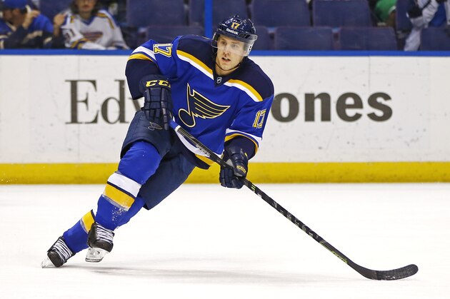 St. Louis Blues' Jaden Schwartz in action during the first period of an NHL hockey game against the Colorado Avalanche, Monday, Jan. 19, 2015, in St. Louis. The Blues won the game 3-1. (AP Photo/Billy Hurst)
