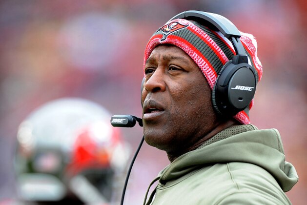 LANDOVER, MD - NOVEMBER 16: Head coach Lovie Smith of the Tampa Bay Buccaneers is shown on the sideline during a game against the Washington Redskins at FedExField on November 16, 2014 in Landover, Maryland.  (Photo by Mitchell Layton/Getty Images)