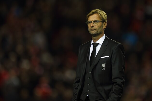 LIVERPOOL, ENGLAND - OCTOBER 22:  Jurgen Klopp the head coach / manager of Liverpool on the pitch prior to the UEFA Europa League match between Liverpool and Rubin Kazan at Anfield on October 22, 2015 in Liverpool, United Kingdom.  (Photo by Matthew Ashton - AMA/Getty Images)