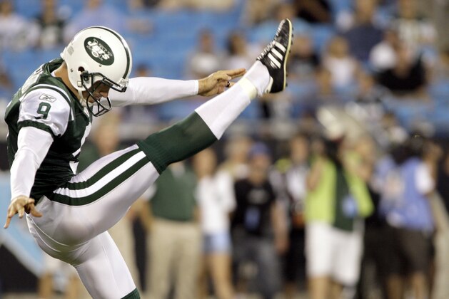 New York Jets punter Steve Weatherford punts against the Carolina Panthers in an NFL preseason game in Charlotte, N.C. Friday, August 21, 2010. (AP Photo/Nell Redmond)