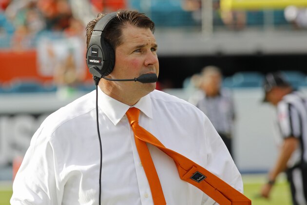 Miami head coach Al Golden looks on in the first half of play against Virginia Tech in an NCAA college football game, Saturday, Oct. 17, 2015, in Miami Gardens, Fla. Miami won the game 30-20. (AP Photo/Joe Skipper)
