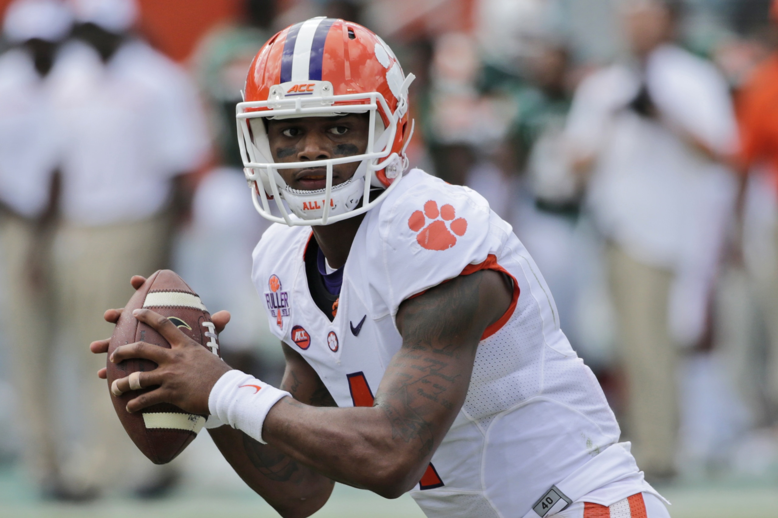 Clemson quarterback Deshaun Watson drops back to pass during the first half of an NCAA College football game against Miami, Saturday, Oct. 24, 2015 in Miami Gardens, Fla. (AP Photo/Wilfredo Lee)