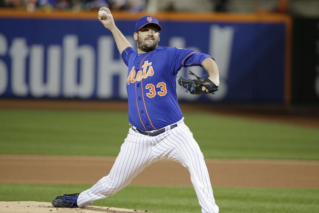 New York Mets pitcher Matt Harvey throws during the first inning of Game 1 of the National League baseball championship series against the Chicago Cubs Saturday, Oct. 17, 2015, in New York. (AP Photo/Julie Jacobson)