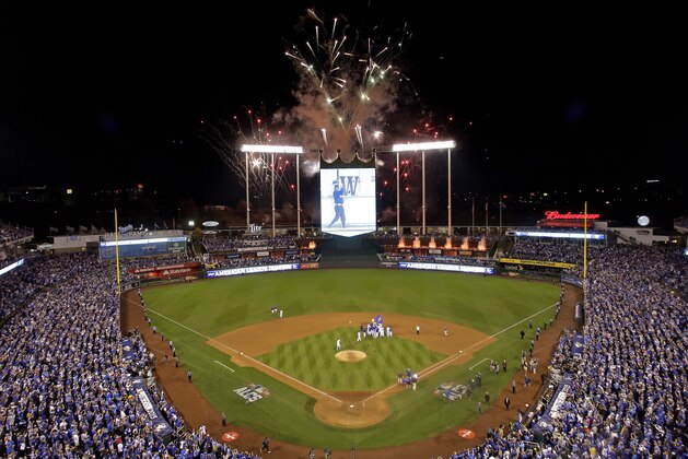 Kansas City Royals celebrates their 4-3 win against the Toronto Blue Jays in Game 6 of baseball's American League Championship Series on Friday, Oct. 23, 2015, in Kansas City, Mo. (AP Photo/Tim Donnelly)