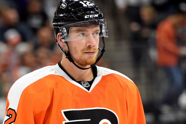 Sep 21, 2015; Philadelphia, PA, USA; Philadelphia Flyers left wing Michael Raffl (12) during a preseason game against the New York Islanders at PPL Center. The Flyers defeated the Islanders, 5-3. Mandatory Credit: Eric Hartline-USA TODAY Sports