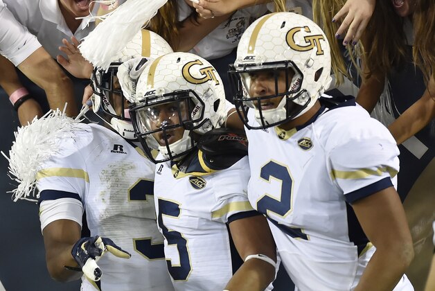 Georgia Tech quarterback Justin Thomas (5) celebrates his touchdown against Florida State during the first half of an NCAA college football game, Saturday, Oct. 24, 2015, in Atlanta. (AP Photo/Jon Barash)