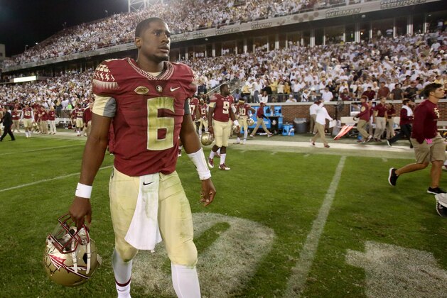 Oct 24, 2015; Atlanta, GA, USA; Florida State Seminoles quarterback Everett Golson (6) walks off of the field after Florida State lost to the Georgia Tech Yellow Jackets at Bobby Dodd Stadium. Georgia Tech won 22-16. Mandatory Credit: Jason Getz-USA TODAY Sports