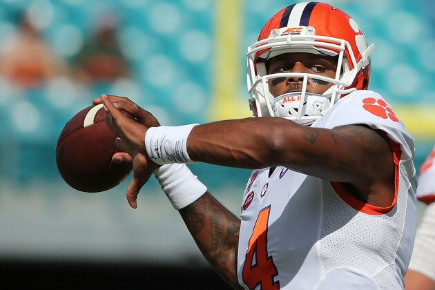 MIAMI GARDENS, FL - OCTOBER 24:  Deshaun Watson #4 of the Clemson Tigers warms up during a game against the Miami Hurricanes at Sun Life Stadium on October 24, 2015 in Miami Gardens, Florida.  (Photo by Mike Ehrmann/Getty Images)