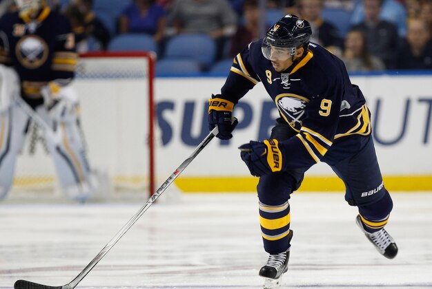 Oct 12, 2015; Buffalo, NY, USA; Buffalo Sabres left wing Evander Kane (9) during the game against the Columbus Blue Jackets at First Niagara Center. Mandatory Credit: Kevin Hoffman-USA TODAY Sports