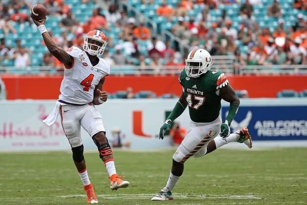 MIAMI GARDENS, FL - OCTOBER 24:  Deshaun Watson #4 of the Clemson Tigers passes during a game against the Miami Hurricanes at Sun Life Stadium on October 24, 2015 in Miami Gardens, Florida.  (Photo by Mike Ehrmann/Getty Images)