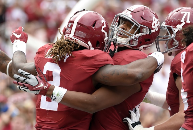 Oct 24, 2015; Tuscaloosa, AL, USA; Alabama Crimson Tide running back Derrick Henry (2) celebrates his touchdown against the Tennessee Volunteers with tight end O.J. Howard (88) during the first quarter at Bryant-Denny Stadium. Mandatory Credit: John David Mercer-USA TODAY Sports
