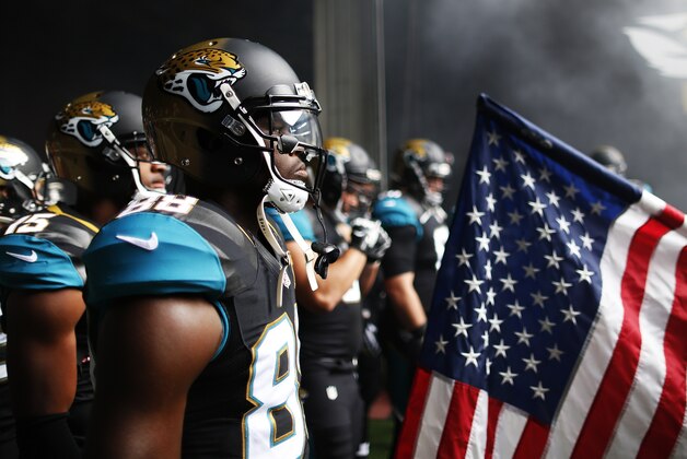 LONDON, ENGLAND - OCTOBER 25: #88 Allen Hurns of Jacksonville Jaguars waits to go onto the pitch during the NFL game between Jacksonville Jaguars and Buffalo Bills at Wembley Stadium on October 25, 2015 in London, England. (Photo by Alan Crowhurst/Getty Images)