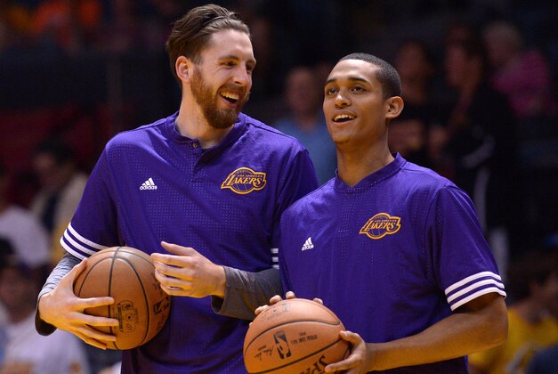 Oct 17, 2015; San Diego, CA, USA; Los Angeles Lakers forward Ryan Kelly (left) and guard Jordan Clarkson (6) talk before the game against the Golden State Warriors at Valley View Casino Center. Mandatory Credit: Jake Roth-USA TODAY Sports