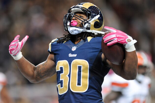 ST. LOUIS, MO - OCTOBER 25: Todd Gurley #30 of the St. Louis Rams celebrates after making a touchdown against the Cleveland Browns in the third quarter at the Edward Jones Dome on October 25, 2015 in St. Louis, Missouri. (Photo by Michael B. Thomas/Getty Images)