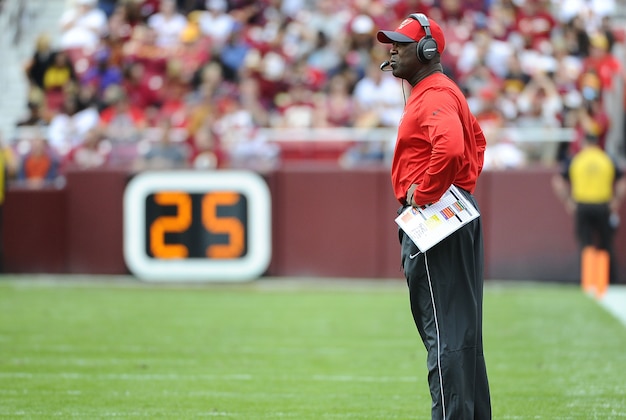Oct 25, 2015; Landover, MD, USA; Tampa Bay Buccaneers head coach Lovie Smith looks on against the Washington Redskins during the first half at FedEx Field. Mandatory Credit: Brad Mills-USA TODAY Sports