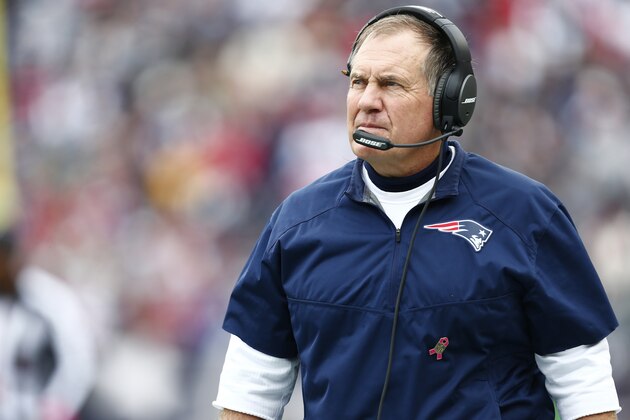 Oct 25, 2015; Foxborough, MA, USA; New England Patriots head coach Bill Belichick during the first half of a game against the New York Jets at Gillette Stadium. Mandatory Credit: Mark L. Baer-USA TODAY Sports