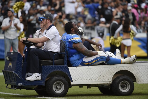 San Diego Chargers offensive guard Orlando Franklin (74) leaves the game after an injury during the second half of an NFL football game against the Oakland Raiders Sunday, Oct. 25, 2015, in San Diego. (AP Photo/Denis Poroy)