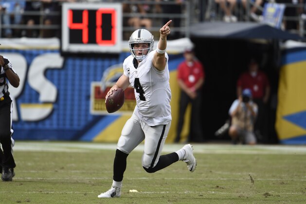 Oakland Raiders quarterback Derek Carr gestures as he looks to throw a pass during the first half of an NFL football game against the San Diego Chargers  Sunday, Oct. 25, 2015, in San Diego. (AP Photo/Denis Poroy)