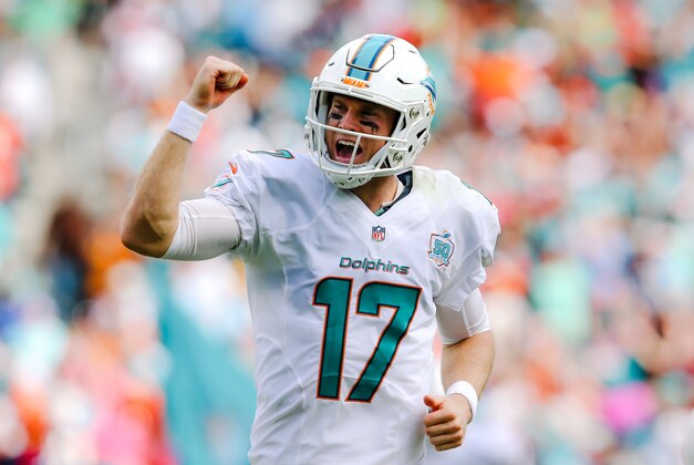 Oct 25, 2015; Miami Gardens, FL, USA; Miami Dolphins quarterback Ryan Tannehill (17) celebrates after running back Lamar Miller (not pictured) scors a touchdown against the Houston Texans during the first half at Sun Life Stadium. Mandatory Credit: Steve Mitchell-USA TODAY Sports