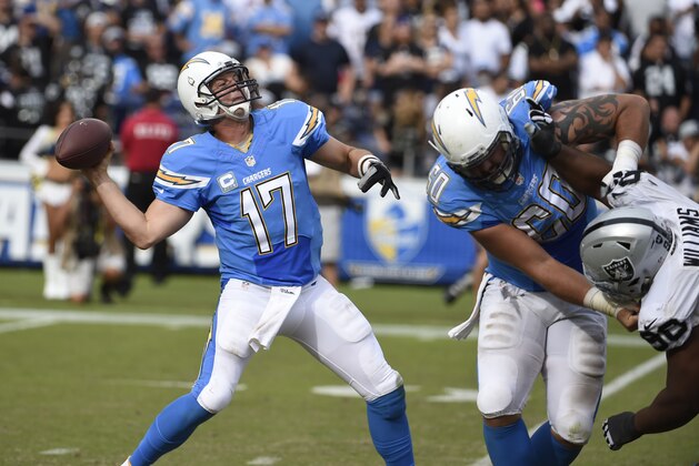 San Diego Chargers quarterback Philip Rivers throws a pass during the second half of an NFL football game against the Oakland Raiders Sunday, Oct. 25, 2015, in San Diego. (AP Photo/Denis Poroy)