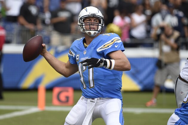 San Diego Chargers quarterback Philip Rivers throws a pass during the first half of an NFL football game against the Oakland Raiders Sunday, Oct. 25, 2015, in San Diego. (AP Photo/Denis Poroy)