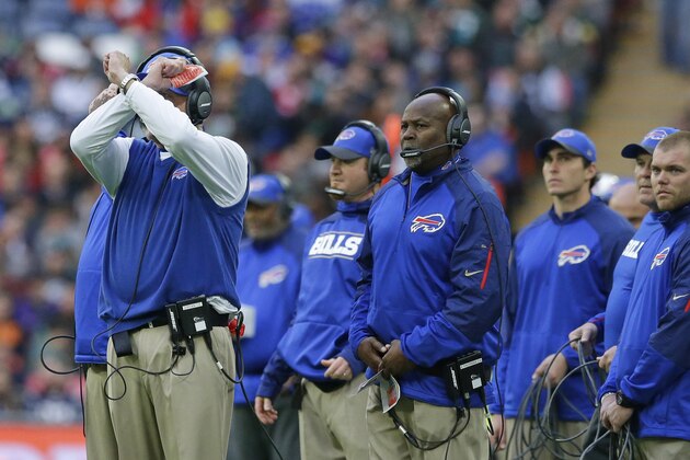 Buffalo Bills head coach Rex Ryan, left,  gestures as he stands on the touchline during the NFL game between Buffalo Bills and Jacksonville Jaguars at Wembley Stadium, London,  Sunday, Oct. 25, 2015. (AP Photo/Matt Dunham)