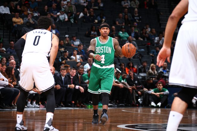 BROOKLYN, NY - OCTOBER 14: Isaiah Thomas #4 of the Boston Celtics drives to the basket against the Brooklyn Nets during the preseason game on October 14, 2015 at Barclays Center in Brooklyn, New York. NOTE TO USER: User expressly acknowledges and agrees that, by downloading and or using this Photograph, user is consenting to the terms and conditions of the Getty Images License Agreement. Mandatory Copyright Notice: Copyright 2015 NBAE (Photo by Nathaniel Butler/NBAE via Getty Images)