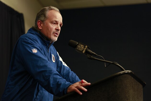 Indianapolis Colts head coach Chuck Pagano answers a question during a press conference following an NFL football game in Indianapolis, Sunday, Oct. 25, 2015. The Saints defeated the Colts 27-21.  (AP Photo/R Brent Smith)