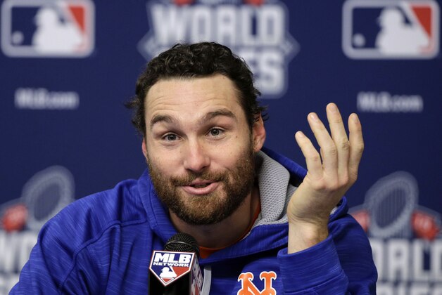 New York Mets second baseman Daniel Murphy answers questions during a news conference, Saturday, Oct. 24, 2015, in New York. The Mets will face the Kansas City Royals in Game 1 of the World Series on Tuesday. (AP Photo/Julie Jacobson)