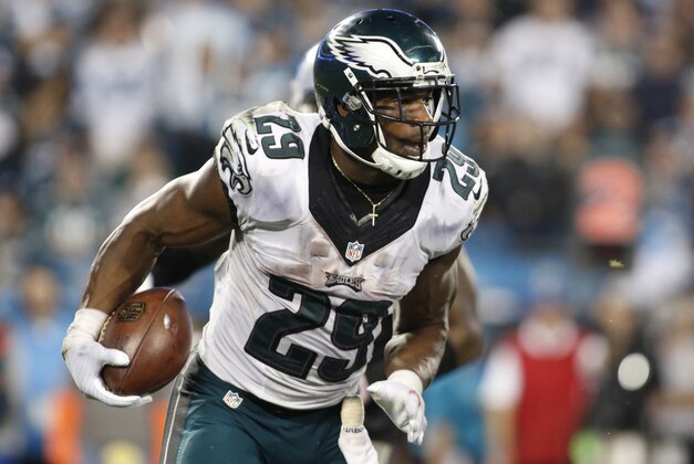 Philadelphia Eagles' DeMarco Murray (29) runs against the Carolina Panthers in the second half of an NFL football game in Charlotte, N.C., Sunday, Oct. 25, 2015. (AP Photo/Bob Leverone)
