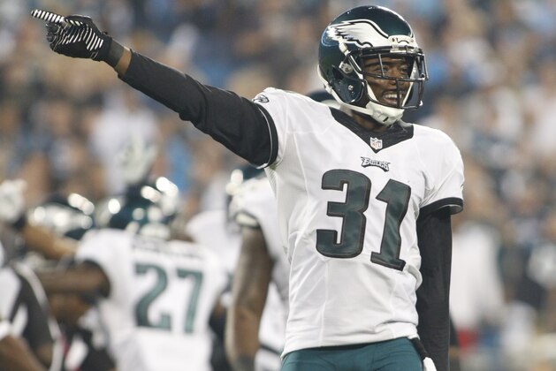 Philadelphia Eagles' Byron Maxwell (31) reacts after a play against the Carolina Panthers in the first half of  an NFL football game in Charlotte, N.C., Sunday, Oct. 25, 2015. (AP Photo/Bob Leverone)
