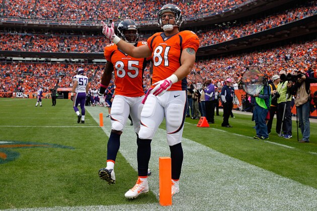 DENVER, CO - OCTOBER 04:  Tight end Owen Daniels #81 of the Denver Broncos celebrates his touchdown reception against the Minnesota Vikings with tight end Virgil Green #85 of the Denver Broncos at Sports Authority Field at Mile High on October 4, 2015 in Denver, Colorado. The Broncos defeated the Vikings 23-20.  (Photo by Doug Pensinger/Getty Images)