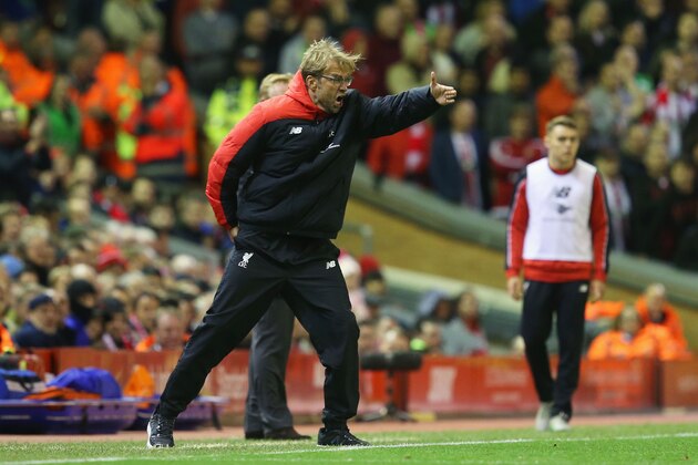 LIVERPOOL, ENGLAND - OCTOBER 25:  Jurgen Klopp, manager of Liverpool gestures during the Barclays Premier League match between Liverpool and Southampton at Anfield on October 25, 2015 in Liverpool, England.  (Photo by Jan Kruger/Getty Images)
