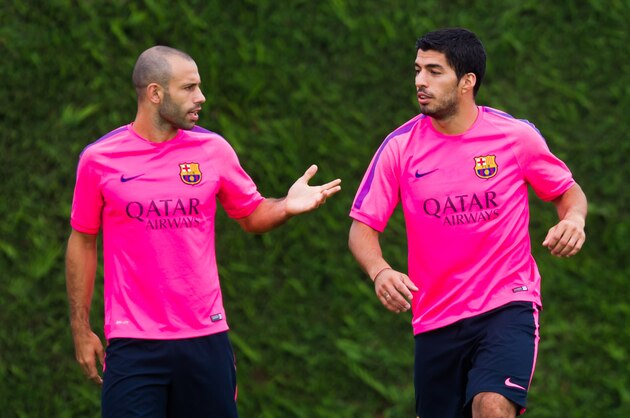 BARCELONA, SPAIN - AUGUST 17: Jordi Alba, Javier Mascherano and Luis Suarez are seen during a FC Barcelona training session at Ciutat Esportiva on August 17, 2014 in Barcelona, Spain.  (Photo by Alex Caparros/Getty Images)