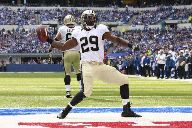 New Orleans Saints running back Khiry Robinson (29) celebrates his touchdown against the Indianapolis Colts in the first half of an NFL football game in Indianapolis, Sunday, Oct. 25, 2015. (AP Photo/R Brent Smith)