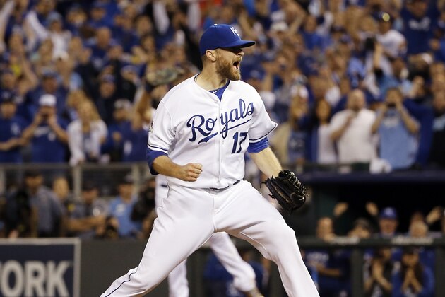 Kansas City Royals relief pitcher Wade Davis celebrates their 4-3 win against the Toronto Blue Jays in Game 6 of baseball's American League Championship Series on Friday, Oct. 23, 2015, in Kansas City, Mo. (AP Photo/Matt Slocum)