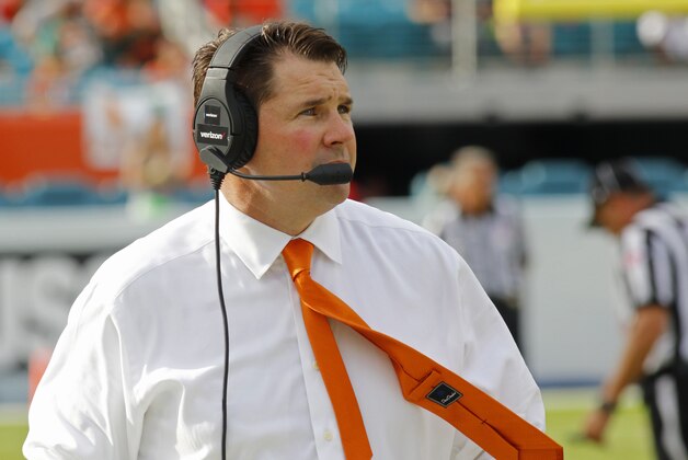 Miami head coach Al Golden looks on in the first half of play against Virginia Tech in an NCAA college football game, Saturday, Oct. 17, 2015, in Miami Gardens, Fla. Miami won the game 30-20. (AP Photo/Joe Skipper)