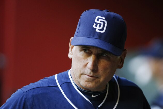 San Diego Padres' Bud Black paces in the dugout prior to a baseball game against the Arizona Diamondbacks Friday, May 8, 2015, in Phoenix. (AP Photo/Ross D. Franklin)